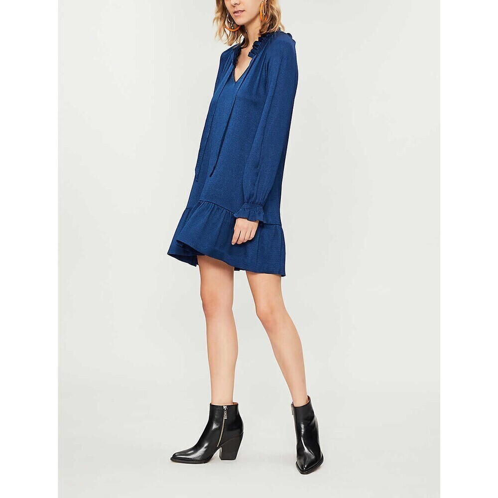 Sandro Butterfly Frilled Trim Textured Satin Dress In Royal Blue Size 36